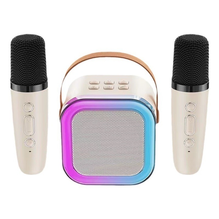 Микрофон за караоке с преносима колонка, вокални ефекти, Bluetooth, LED светлини, бял