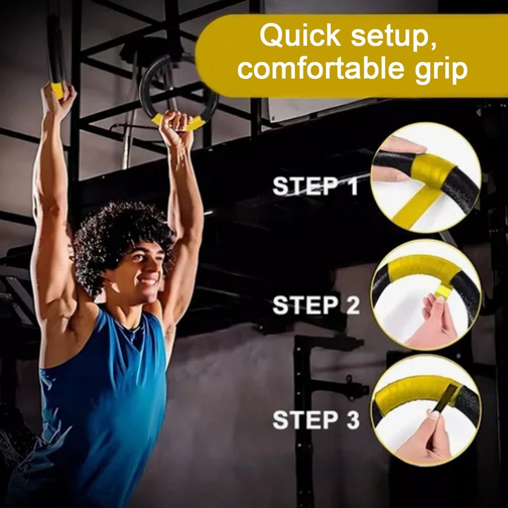 Set 2 inele gimnastica si accesorii, Puepoul, cu chingi, pentru profesionisti, calistenica, crossfit sau antrenament de fitness, PP, sarcina maxima 500 kg, diametru 17.5 cm, Negru