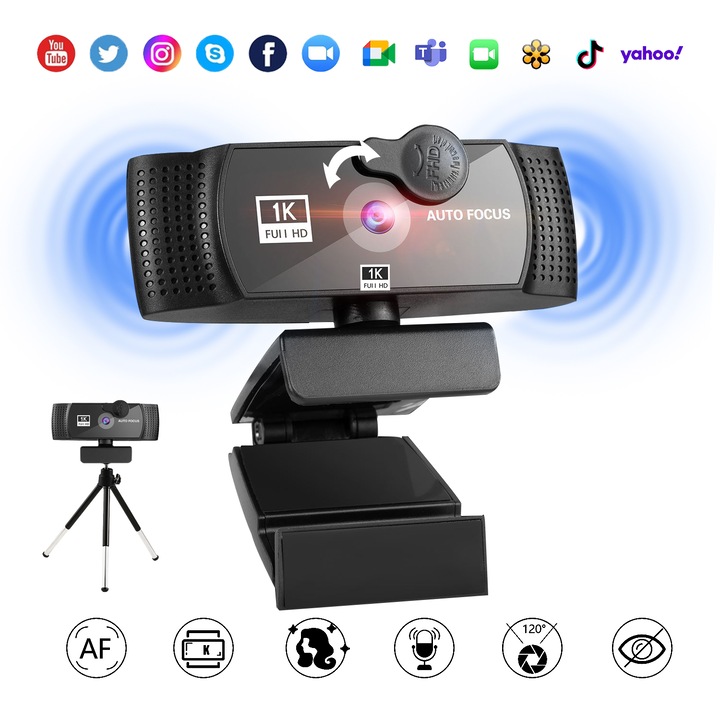 Уеб камера със статив, Puepoul, 1K 1080p Full HD, автофокус, 120 градуса широк ъгъл, вграден микрофон, USB 2.0, черен