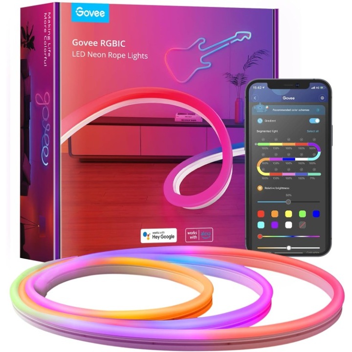Banda LED RGB inteligenta Govee H61A0, Wi-Fi, Bluetooth, sincronizare muzica, lumina colorata, 3m, compatibil Google Assistant & Alexa