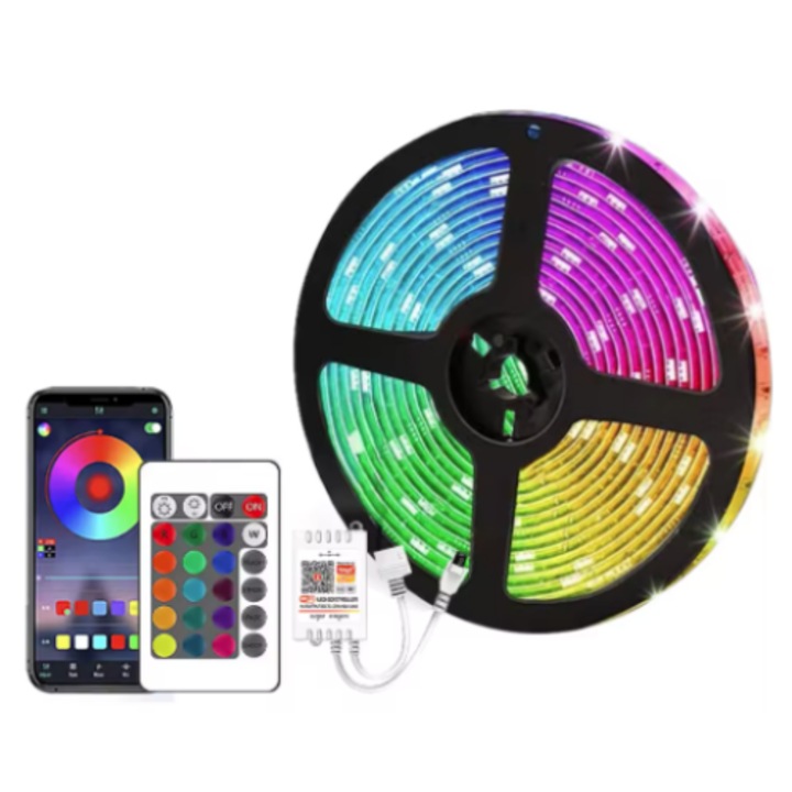 LED лента, WI-FI, Tuya Smart, 10m, RGB5050, смарт, всички цветове, настройка на интензитета, яркост, видове осветление, управление на приложението или дистанционно управление, глас Alexa, включено зарядно, зареждане от много източници