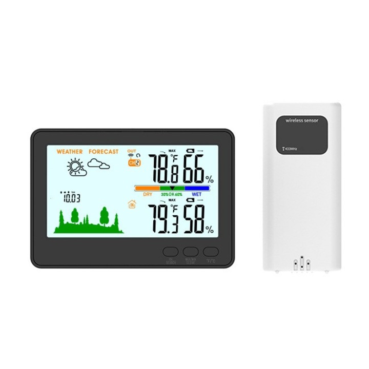 Безжична метеорологична станция, дигитален термометър и хигрометър, прогноза за времето, измерване на температура и влажност, LCD дисплей, 13.3x9.1cm, черен