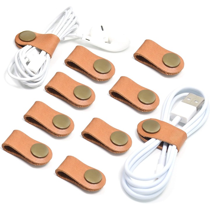 Organizator cabluri din piele, set 10 bucati, compact, pentru casti si cabluri USB