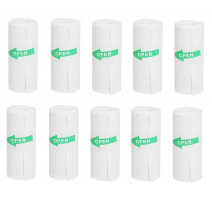 Set 10 role hartie adeziva de imprimanta, Sticky Paper, latime 57mm, pentru mini imprimante, alb