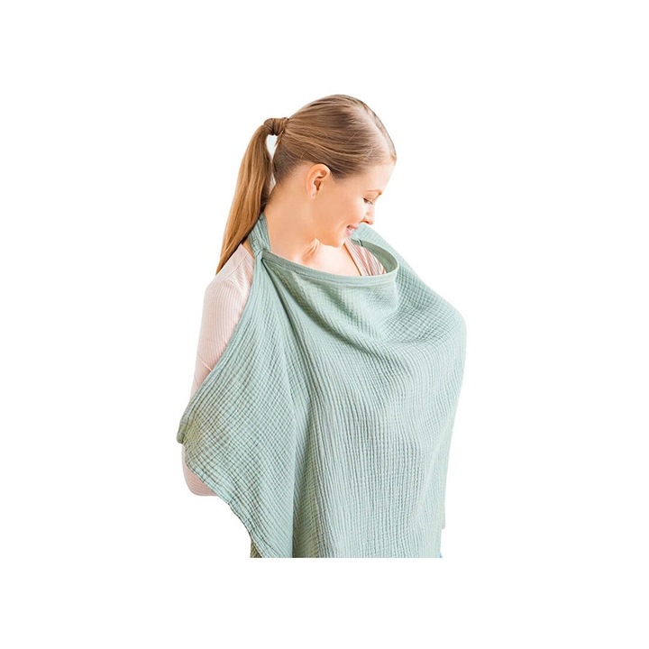 Sort pentru alaptare, Respirabil 100%, Curea reglabila, Design cu cartilaj curbat, Spatiu privat, Decoratiuni in culori solide, Bumbac, 70x100 cm, Verde deschis