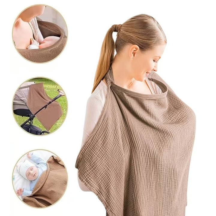 Sort pentru alaptare, Respirabil 100%, Curea reglabila, Design cu cartilaj curbat, Spatiu privat, Decoratiuni in culori solide, Bumbac, 70x100 cm, Tan