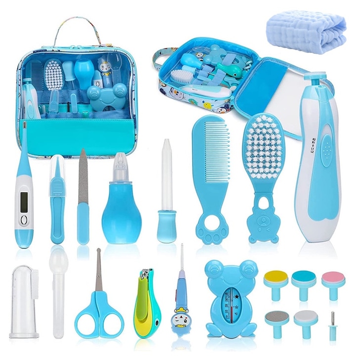 Set de accesorii 21-in-1 pentru ingrijire a copiilor si a copiilor, Trimmer de unghii, termometru, vid de nas, foarfeca de varf rotund, perie de par si perie, dozator de picatura, perie de dinti de silicon, moale si non-toxic, usor de curatat, albastru