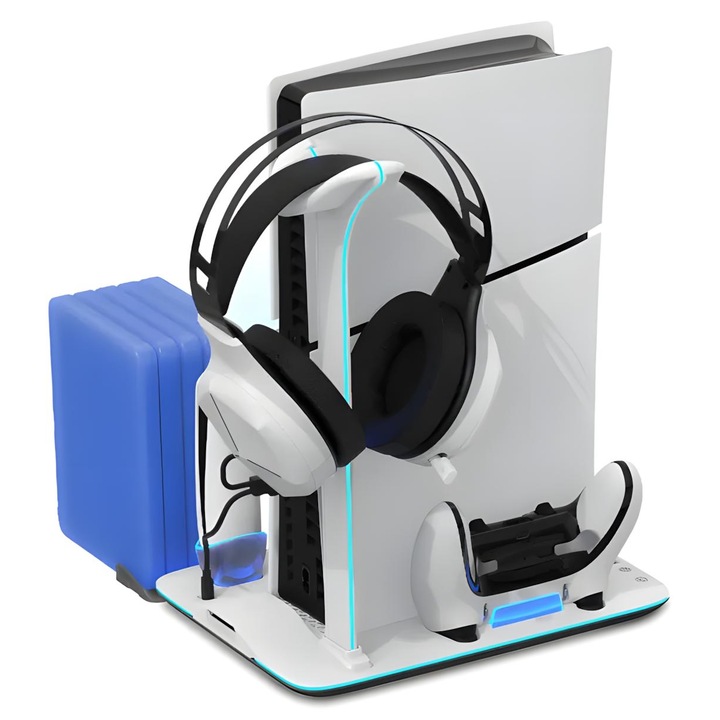 goBERA PS5 vékony függőleges állvány (digitális/lemezes kiadás), hűtőállomás, RGB világítás, mágneses gyorstöltés, fejhallgató-csatlakozó, USB tápkábel, túltöltés elleni védelem PlayStation 5 vezérlőkhöz (digitális/lemezes kiadás)