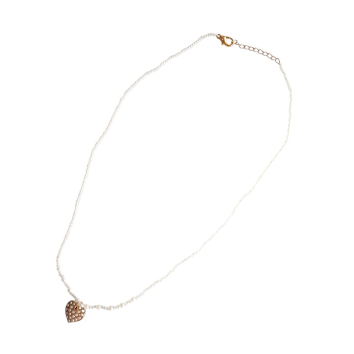 Colier din perle cu pandantiv auriu in forma de inima, Valentine Pearls, alb, reglabil