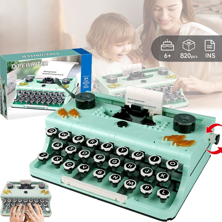 Set de blocuri 820, Puepoul, Design retro, Model de masina de scris, Tastatura mobila, Amintiri din trecut, Detalii fine, Jucarie creativa, Obiect de colectie, Construire distractiva, Potrivit pentru 6+ ani, Verde