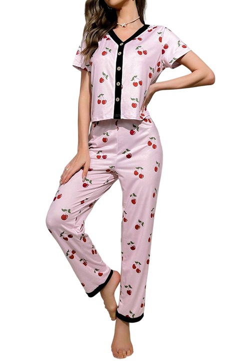 Pijama dama, set 2 piese, bluza cu maneca scurta si pantaloni lungi, prindere cu nasturi, model deosebit cu imprimeu cirese delicioase, tematica sweet dreams, EFAYN, Roz