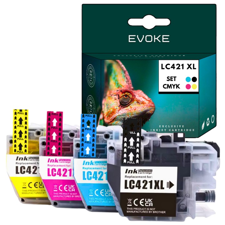 4x Brother LC-421 XL tintapatron fekete, cián, bíbor, sárga, 16 ml fekete, 10 ml színenként, LC-421, DCP-J1050DW DCP-J1140DW MFC-J1010DW kompatibilis