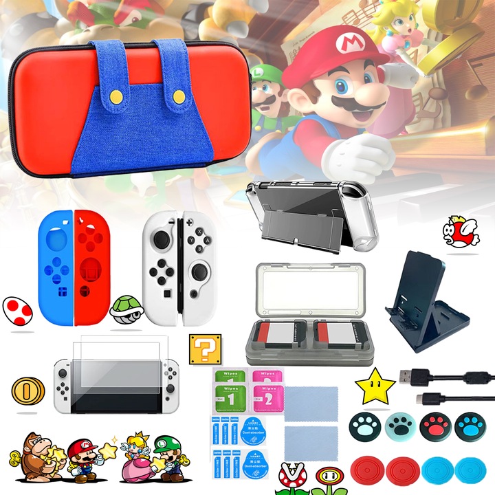 Set accesorii consola gaming, Puepoul, 25 in1, salvator de ecran, Pentru Nintendo Switch OLED, 26 x 4.5 x12cm, Multicolor