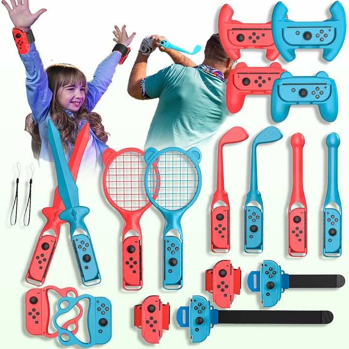 Konzol-kiegészítő készlet, Puepoul, 18 az 1-ben, Ergonomikus kialakítás, Kompatibilis a Nintendo Switch/Switch OLED-del, Nagyon alkalmas otthoni szórakoztatáshoz és fitneszhez, Piros/Kék