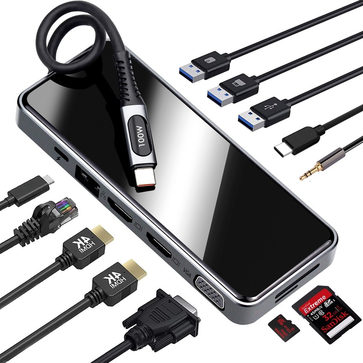 USB-C 12 в 1 докинг станция, EUJAM, 2 HDMI 4K, VGA, 3 USB3.0, 100 W PD, SD/TF, аудио