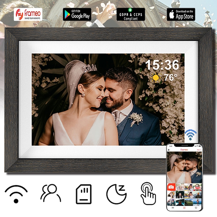 WIFI цифрова фоторамка, дървена рамка, 10,1 инча, 16:9, Puepoul, 32 GB капацитет за съхранение, HD сензорен екран, разделителна способност 1280 x 800, снимки/видео, високоговорител, стойка, приложение Frameo, слот за MicroSD, черен