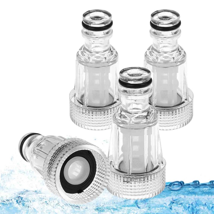 Set 4 filtru de apa pentru aparate de spalat cu presiune, Set 4 cartus filtru de apa, Axroad Mall, 3/4 pentru seriile K2-K7 dela Karcher de curatitoare casnice cu presiune si Bosch, Lavor, Parkside, Nilfisk, Stihl, Plastic, Transparent