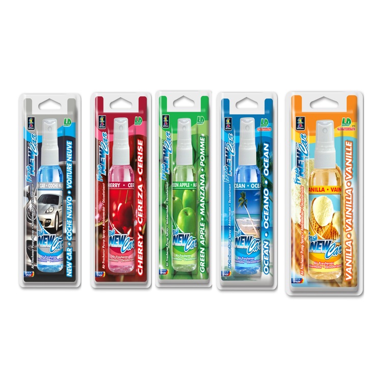 Odorizant auto L&D Spray Fresh New Car 60 ml Set 5 parfumuri New Car, Cirese, Mar, Ocean, Vanilie