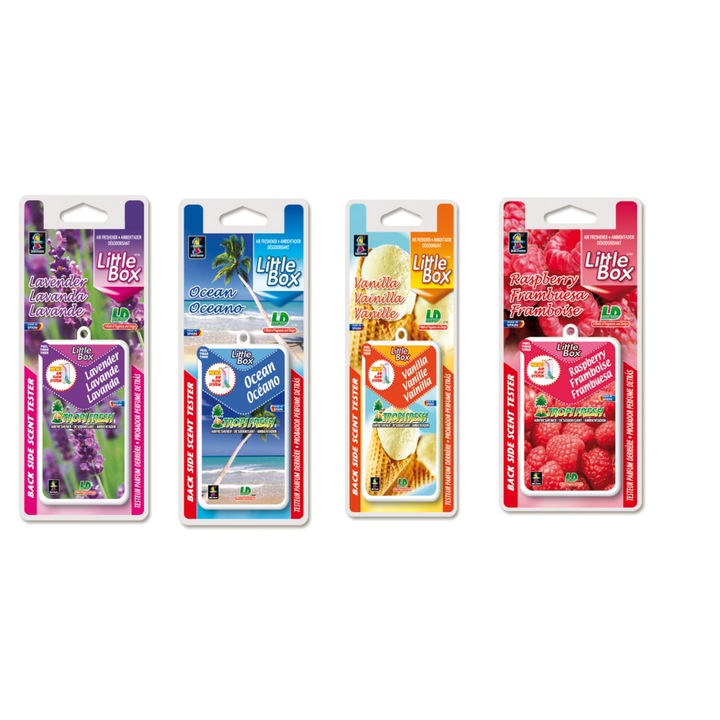Odorizant auto L&D Little Box set patru parfumuri Lavanda, Zmeura, Mar, Ocean