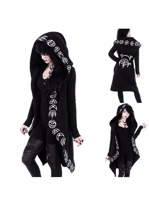 Hanorac gotic pentru dama, cu simboluri mistice, gluga decorativa, Negru, M