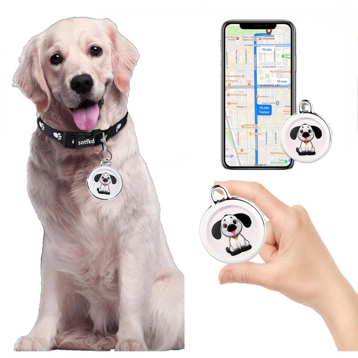 Mini GPS helymeghatározó háziállatoknak, Excitat®, Valós idejű követés, Vízálló, Nyakörvvel, Fehér/Fekete