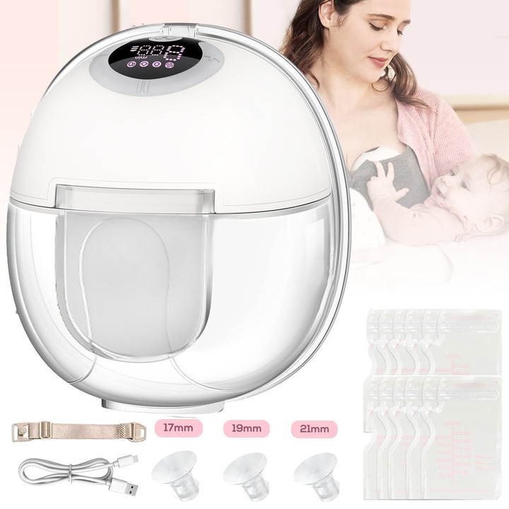 Elektromos mellszívó, Puepoul, 180 ml-es űrtartalom, hordozható, vezeték nélküli, 3 üzemmód, 12 intenzitási szint, BPA-mentes, alacsony zajszint, szivárgásmentes, visszafolyásgátló, LCD kijelző, 10 tejfilter, 3 extra betét S/M/L méretben, USB kábel, fehér