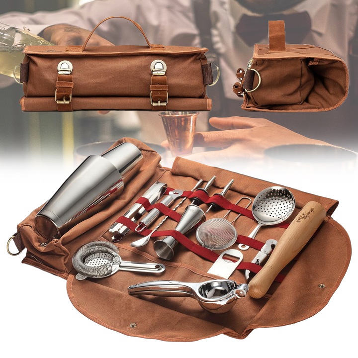 Barmander Kit Bag, Puepoul, Crossbody, подарък за новия барман, Large Capacity, 27 Pockets, Brown, cocktail за приготвяне на коктейли у дома, работа, партита, къмпинг, 37×18×12cm