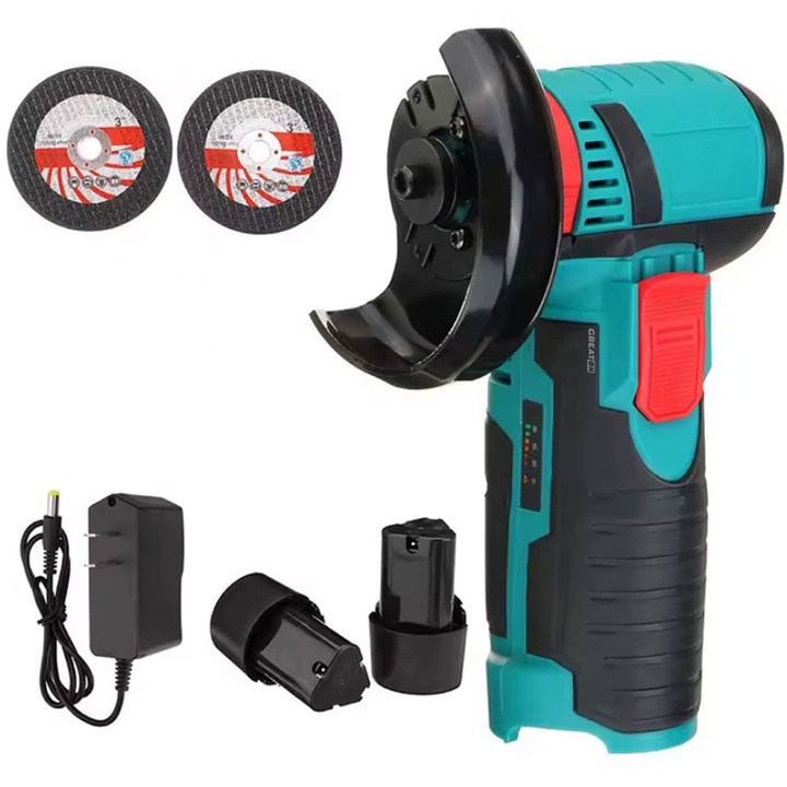 Polizor Unghiular GREATON, Tehnologie Fara Fir Cu Doi Acumulatori Reincarcabili 12V Inclusi, Capacitate 1500 mAh, Functie De Pornire Lina, 750W, Albastru / Negru