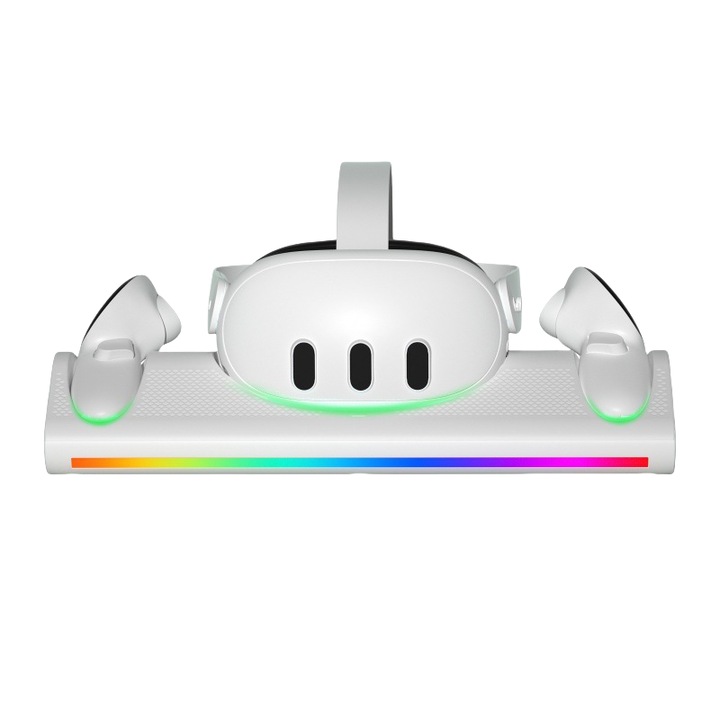 Адаптер за зареждане за очила VR Quest3, магнитни монтажни контакти, RGB светлини с ослепителни цветове, LED индикатори, с батерия, бял