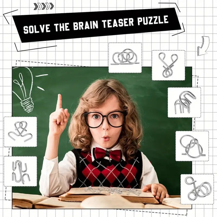 Jocuri de Inteligenta, Set Puzzle Metalic Active Minds – 8 Jocuri Logice, Educative, Design Rezistent, Perfect pentru Minti Creative, Test IQ, Turcoaz