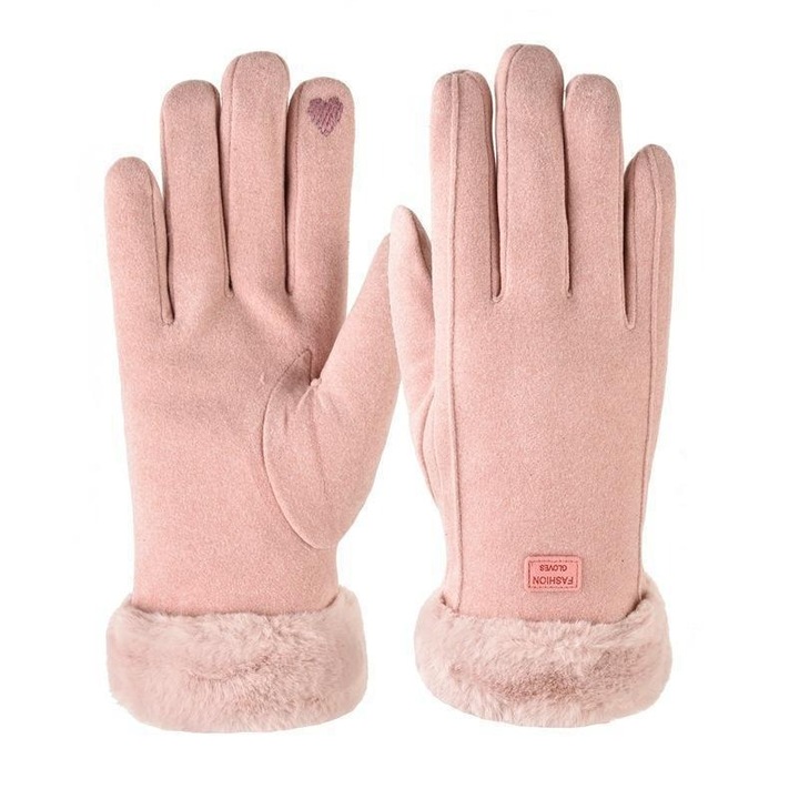 Női téli kesztyű, klasszikus kivitel, bársony anyagú, hideg elleni védelem, rózsaszín, egy méret