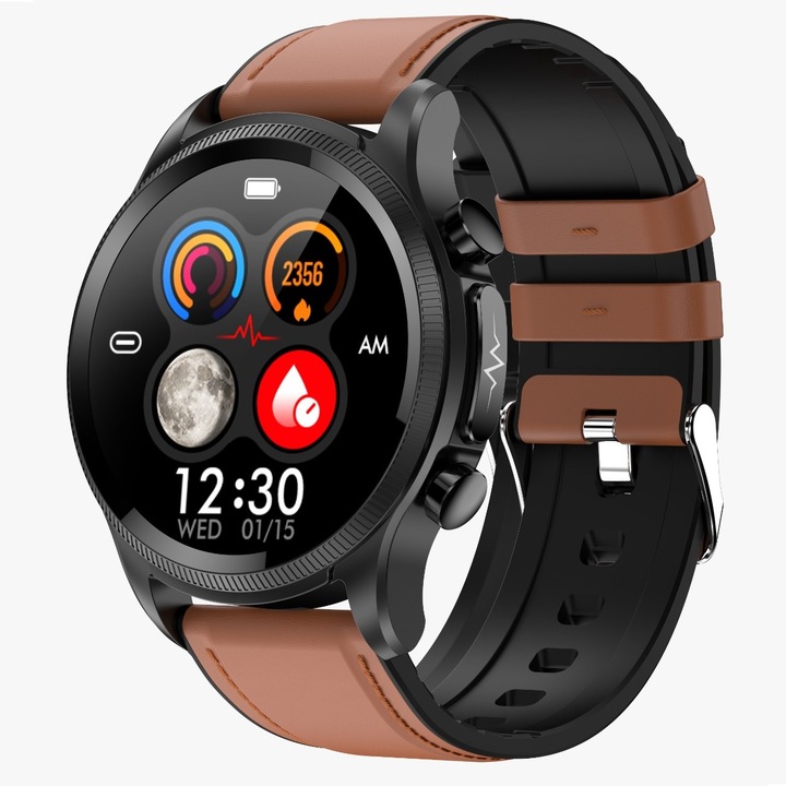 Ceas smartwatch, Singlait® Sinwatch11, inteligent, fitness, sport, rezistent la apa, functie smart numarat pasi, unisex, notificari, ecran 1.39", Bluetooth, microfon HD, monitorizare somn, 2 bratari incluse, negru, maro