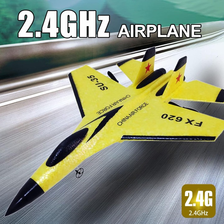 Avion RC Dussdote, model de avion de vanatoare Su-35, cu telecomanda si banda luminoasa, incarcare USB, raza de zbor de pana la 150 de metri, potrivit pentru adulti si copii, rezistent la caderi, cu doua canale, 290 mm, galben
