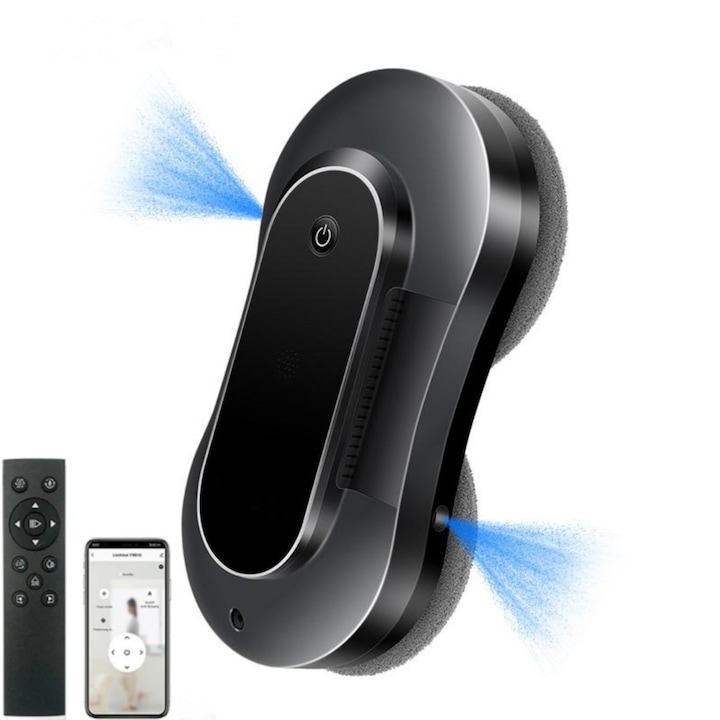 Робот за почистване на прозорци, прахосмукачка за стъкла, управление чрез приложение и дистанционно, AI Smart Work, 3 режима на почистване, измива и подсушава, 2800Pa, вграден UPS, защита против падане, ултразвуково пръскане от двете страни, 72W, черен