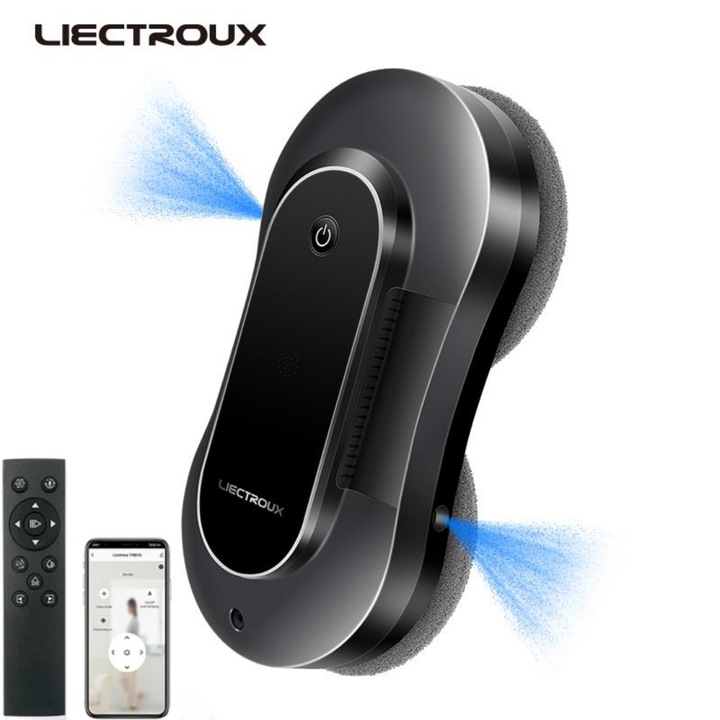 Робот за почистване на прозорци Liectroux YW810 с дистанционно управление и мобилно приложение Tuya, AI работа, 3 режима на почистване, 2800Pa всмукателна мощност, 70 ml резервоар за вода, ултразвуково пръскане от двете страни, 72W, 1 kg, черни
