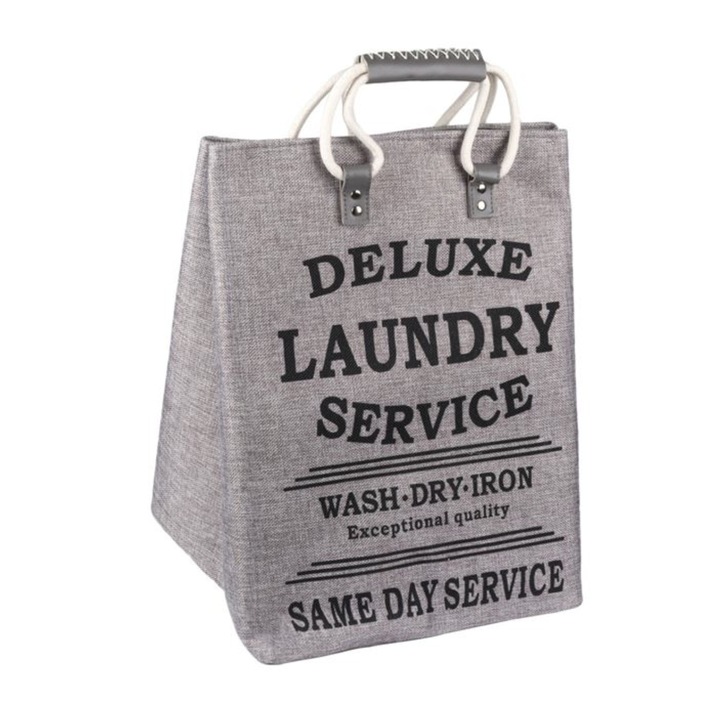 Cos pentru rufe textil cu manere din sfoara, tip sacosa, gri, poliester, 50l, 33x33x45 cm