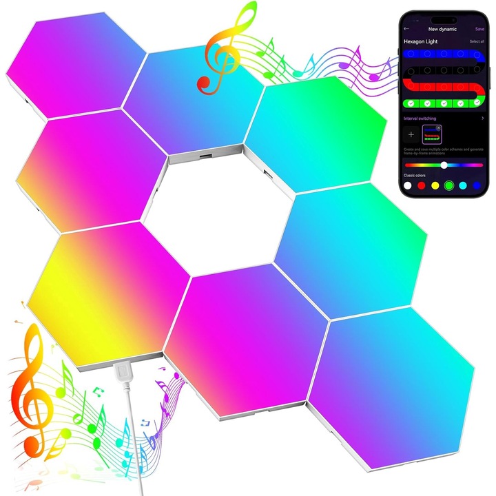 Set 8 lampi LED Hexagon Dussdote, RGB, Control prin aplicatie, Multicolor