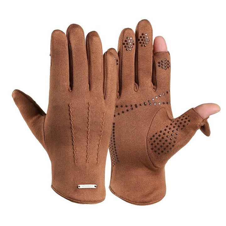 Férfi kesztyű, flip-top kivitel, polár bélés, csúszásmentes, barna, 9x27cm