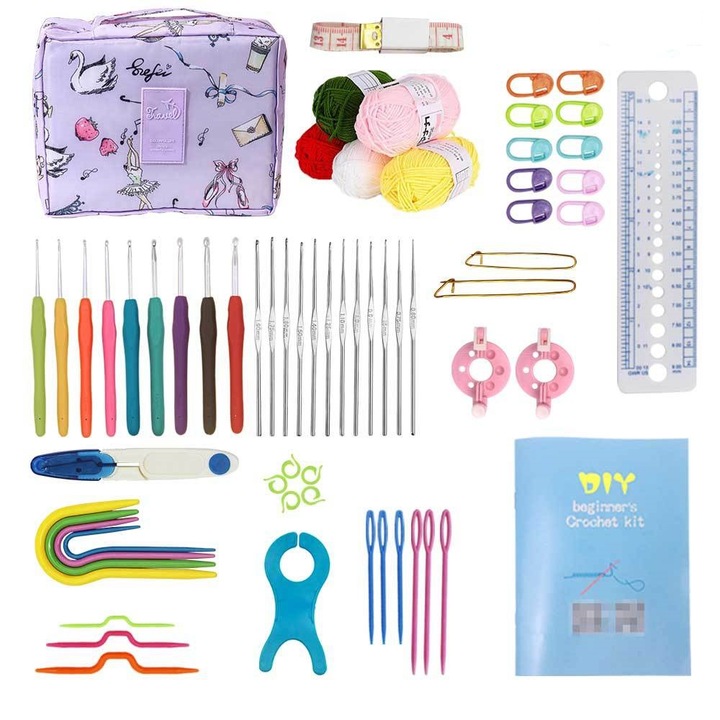 Kit de Crosetat pentru Incepatori, Special MR, 59 piese, 5 culori fir, cu punga de depozitare mov