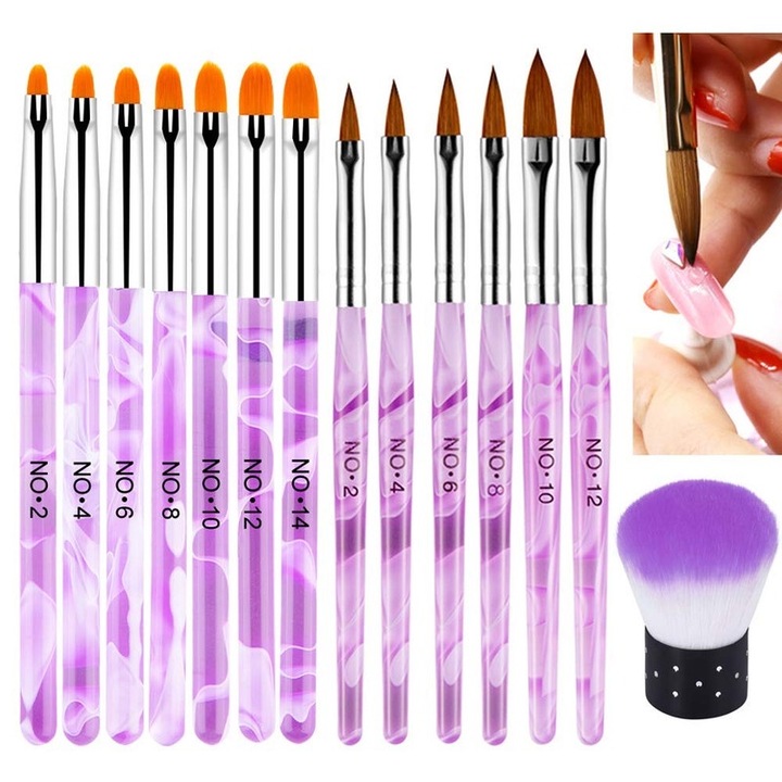 Set de pensule pentru unghii 14PCS, Kalolary, pensule UV gel, pensule de pictura, multicolor, portabil