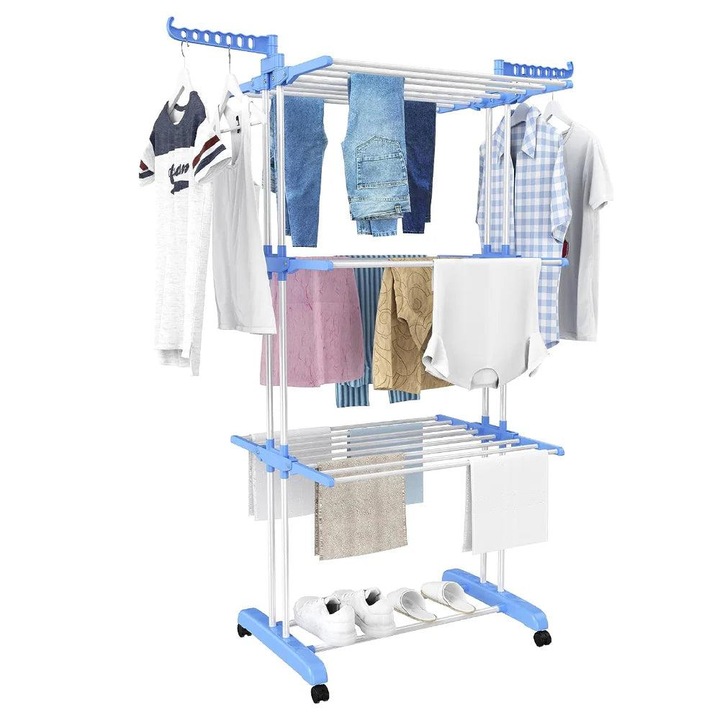 Вертикален сушилник за дрехи Macvi®, с 3 нива на сушене, мобилен и сгъваем, опора за закачалка, син