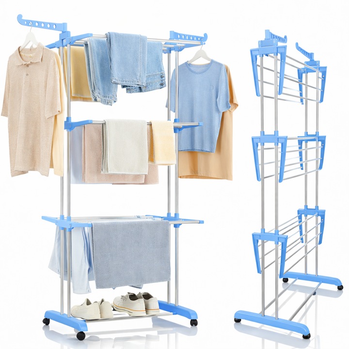 Uscator vertical pentru rufe Macvi®, cu 3 nivele de uscare, mobil si pliabil, suport umerase, albastru