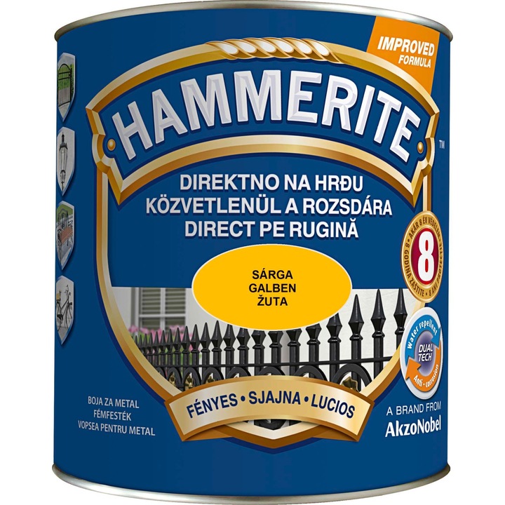 Email pe baza de solvent Hammerite, pentru metal, galben, aspect lucios, 0.75 L