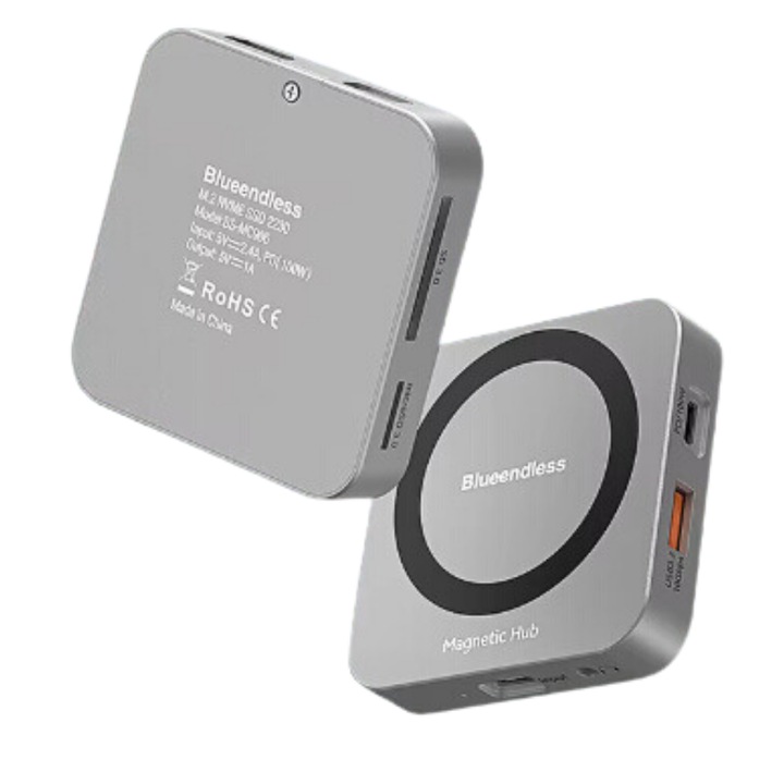 Hub Magnetic 9 in 1 USB-C/A 3.2 Gen 2 Glunendless/Blusendless Z ZYNERA™ - Transfer Date pana la 10Gbps, Iesire Video HDMI 4K@60Hz, Incarcare Wireless Rapida - Carcasa din Aluminiu, Durabil si Elegant