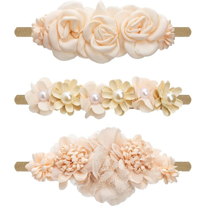 Bentite pentru fetite, Stnqtsrv, set de 3, design floral, material elastic，Design handmade, Bej