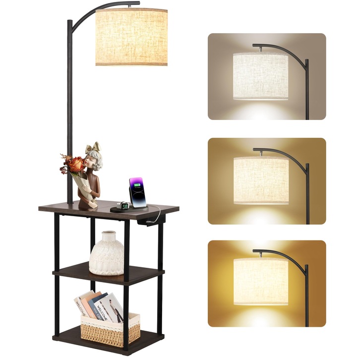 Lampa de podea cu masa, OVERTANG, cu statie de incarcare USB si Type-C, 3 temperaturi de culoare, abajur din in