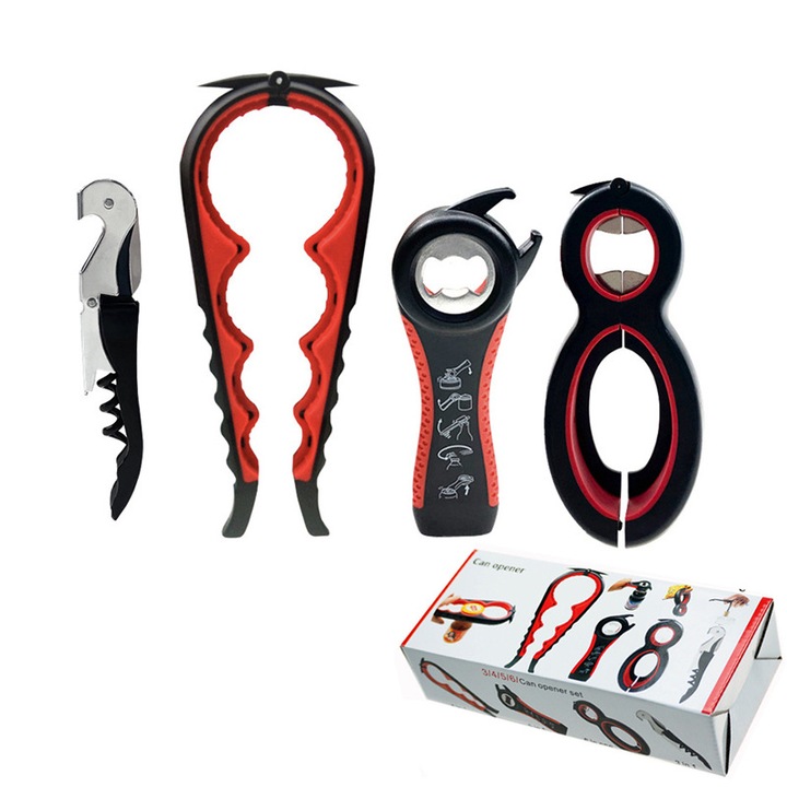 Set 4 Desfacatoare conserve/sticle, Lingo, multifunctional, rosu/negru, otel