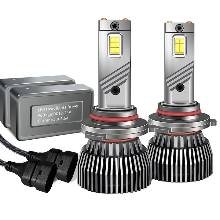 Set 2 Becuri LED pentru HB3/9005, Rqiurpn, 40,000 lumeni, 140W, alb pur 6000K, Iluminare 360° pentru fiecare bec