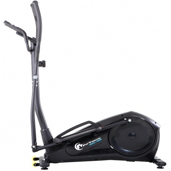 Bicicleta magnetica eliptica FitTronic® Atletic 1000E, design robust, greutate suportata 120 kg, volanta 14 kg, afisaj electronic, bluetooth apps kinomap/fitshow, functii multiple, pas reglabil