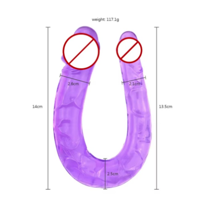 VeliumCraft dildó, 2 véggel, átmérő 2,6 és 2,1, zselés típusú rugalmas, 28 cm, lila